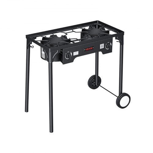 2 Burner Outdoor Propane Gas Stove, 150,000 BTU Propane LPG Gas Camping Stove, Heavy-duty Carbon Steel Outdoor Cooker, with 2 Wheels & 20 PSI Regulator & Hose, for BBQ Camp Home Patio Backyard