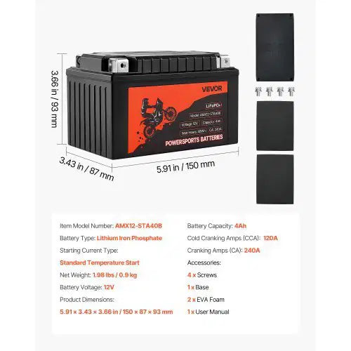 Motorcycle Battery, 12 Volt 4Ah, LiFePO4 Lithium Pre-Charged Powersports Battery, Maintenance Free & High Performance, Compatible with ATV, Motorcycle, Jet Skis, Scooter, UTV, and More