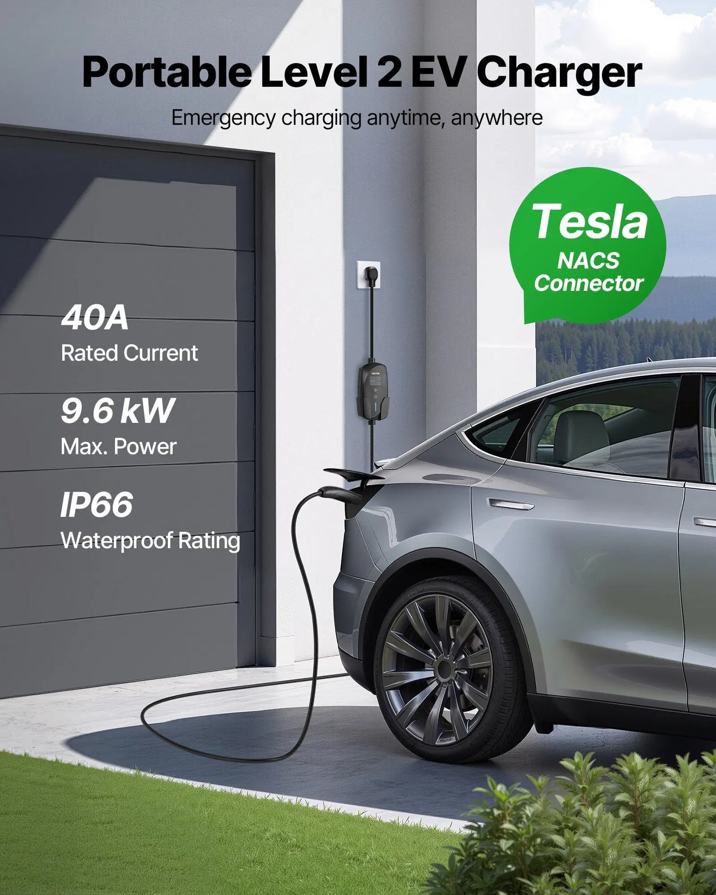 Level 2 Tesla Charger, 40 Amp Adjustable Current, 240V Portable Home Electric Car EV Charger with 25 ft Charging Cable, NEMA 14-50P Plug, LCD Display, NACS Connector, for Tesla Model Y/X/3/S
