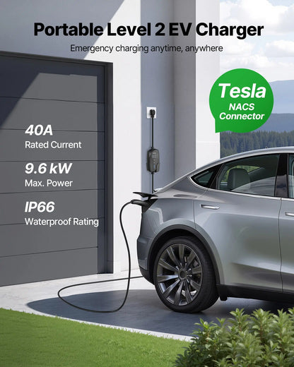 Level 2 Tesla Charger, 40 Amp Adjustable Current, 240V Portable Home Electric Car EV Charger with 25 ft Charging Cable, NEMA 14-50P Plug, LCD Display, NACS Connector, for Tesla Model Y/X/3/S