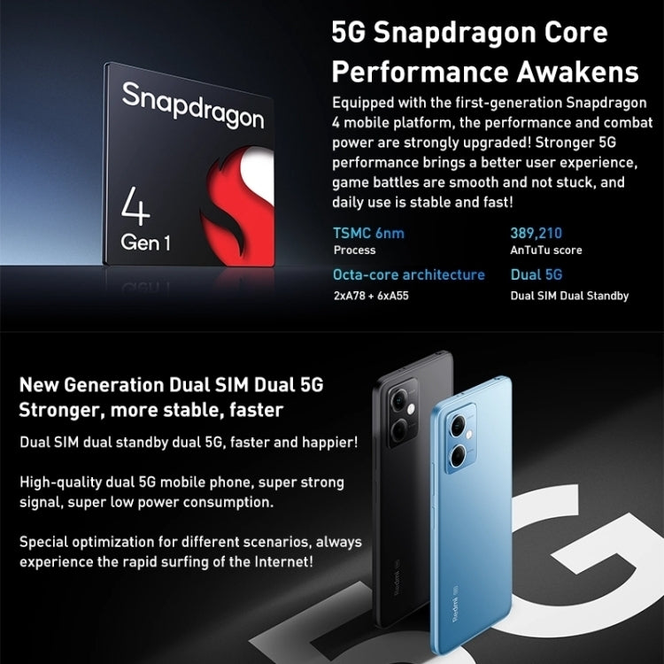 Xiaomi Redmi Note 12 5G, 48MP Camera, 6GB+128GB, Dual Back Cameras, 5000mAh Battery, Side Fingerprint Identification, 6.67 inch MIUI 13 Qualcomm Snapdragon 4 Gen1 Octa Core up to 2.0GHz, Network: 5G, Dual SIM, IR, Not Support Google Play(White)