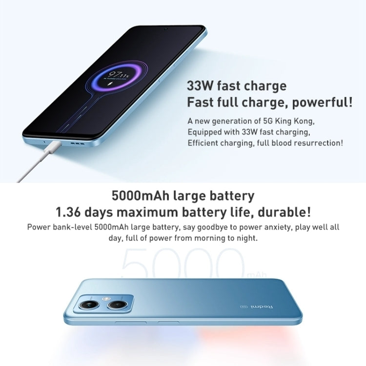 Xiaomi Redmi Note 12 5G, 48MP Camera, 8GB+128GB, Dual Back Cameras, 5000mAh Battery, Side Fingerprint Identification, 6.67 inch MIUI 13 Qualcomm Snapdragon 4 Gen1 Octa Core up to 2.0GHz, Network: 5G, Dual SIM, IR, Not Support Google Play(Blue)