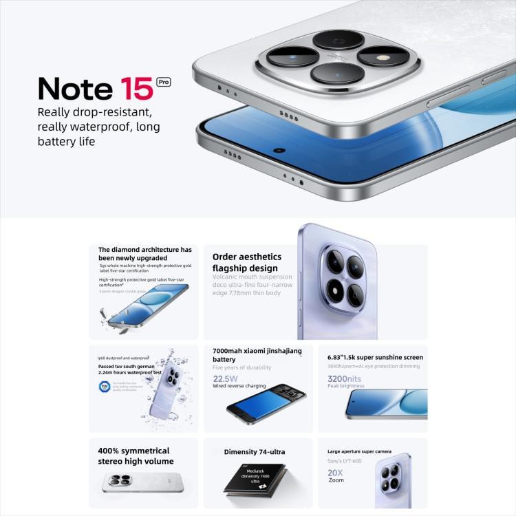 Xiaomi Redmi Note 15 Pro 5G, 12GB+512GB, 6.83 inch Xiaomi HyperOS 2 Dimensity 7400-Ultra Octa Core, Network: 5G, NFC (Sky Blue)