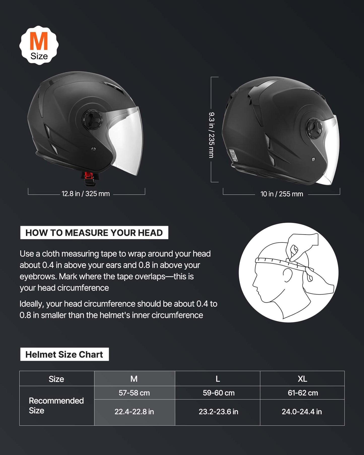 Motorcycle Helmet, 3/4 Open Face, Adult Motocross Dirt Bike Helmet with Clear Visor, Comfortable Motorbike Racing Street with Detachable Liner for Men & Women, DOT Approved, (Matte Black, M)