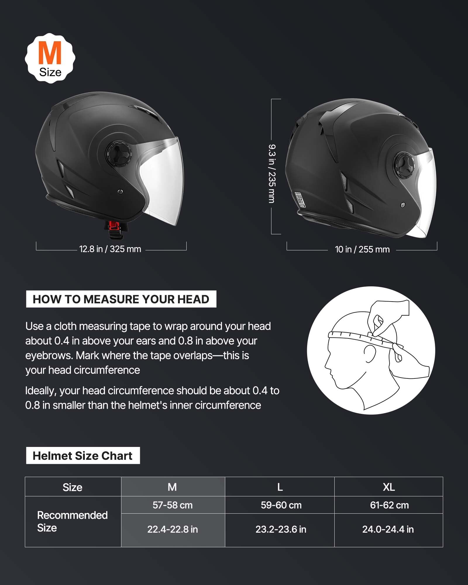 Motorcycle Helmet, 3/4 Open Face, Adult Motocross Dirt Bike Helmet with Clear Visor, Comfortable Motorbike Racing Street with Detachable Liner for Men & Women, DOT Approved, (Matte Black, M)