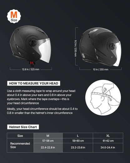 Motorcycle Helmet, 3/4 Open Face, Adult Motocross Dirt Bike Helmet with Clear Visor, Comfortable Motorbike Racing Street with Detachable Liner for Men & Women, DOT Approved, (Matte Black, M)