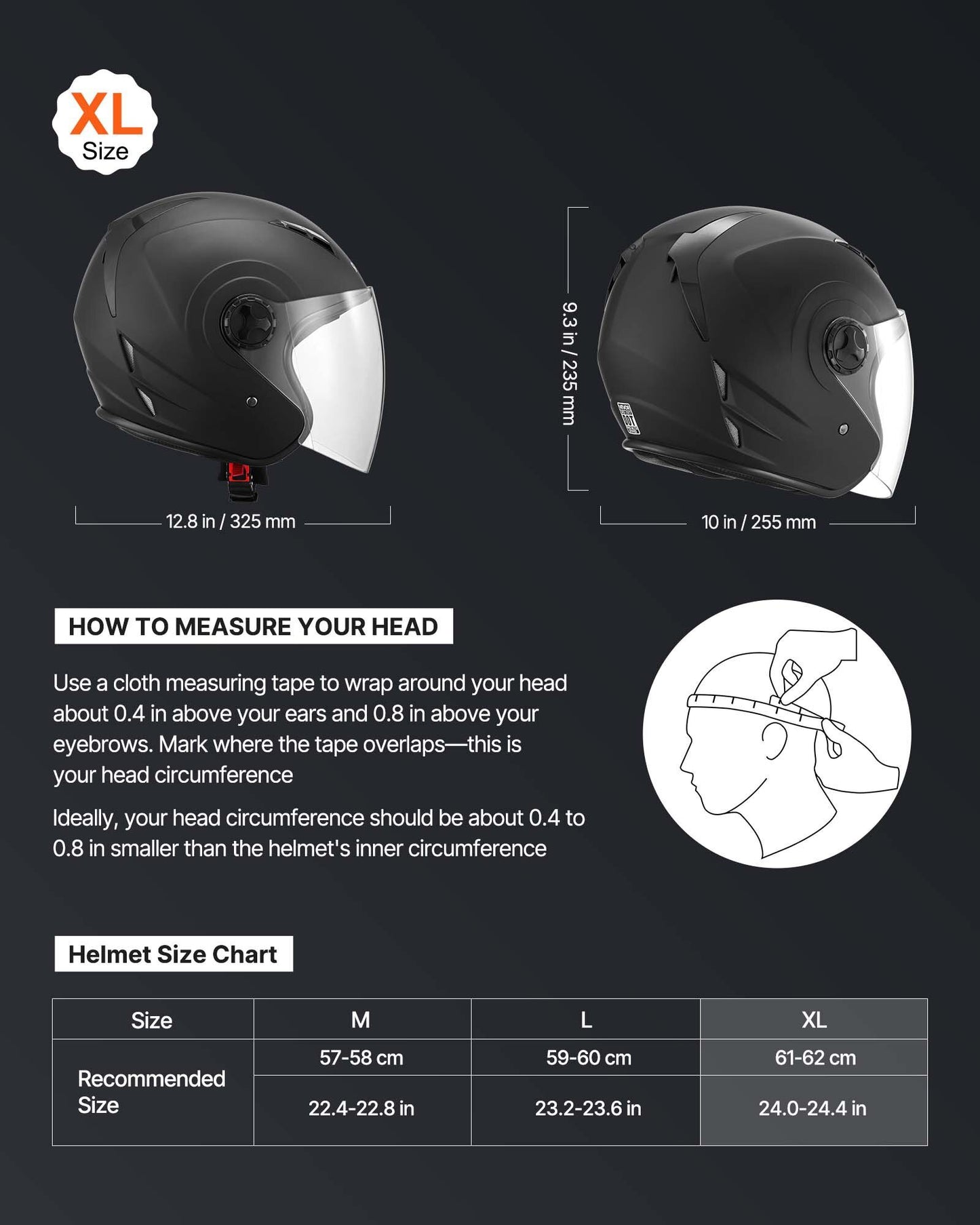 Motorcycle Helmet, 3/4 Open Face, Adult Motocross Dirt Bike Helmet with Clear Visor, Comfortable Motorbike Racing Street with Detachable Liner for Men & Women, DOT Approved, (Matte Black, XL)