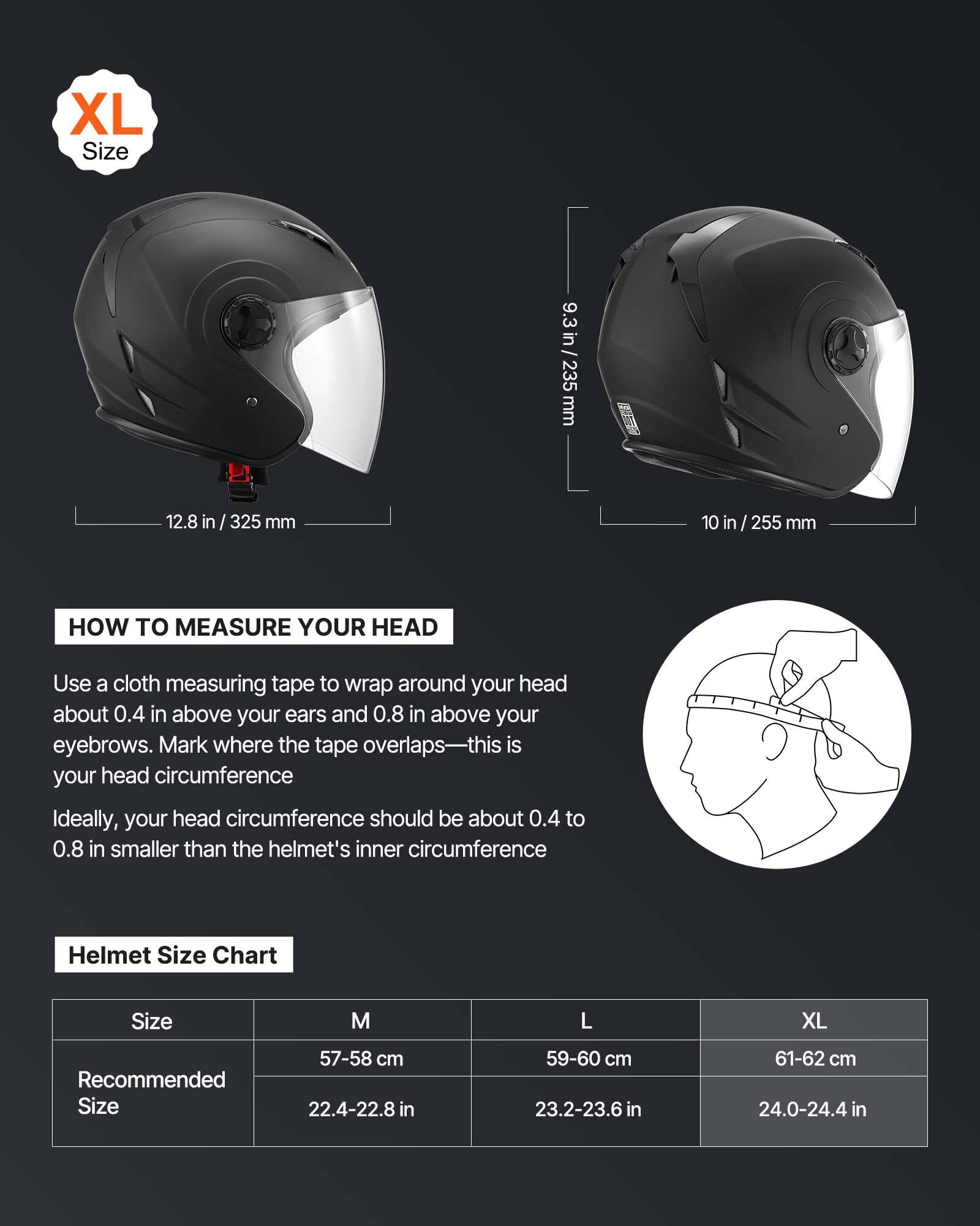 Motorcycle Helmet, 3/4 Open Face, Adult Motocross Dirt Bike Helmet with Clear Visor, Comfortable Motorbike Racing Street with Detachable Liner for Men & Women, DOT Approved, (Matte Black, XL)