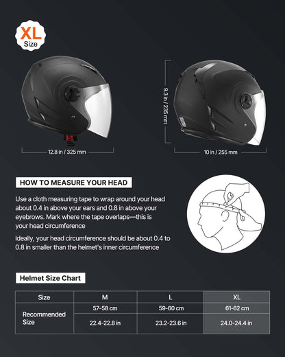 Motorcycle Helmet, 3/4 Open Face, Adult Motocross Dirt Bike Helmet with Clear Visor, Comfortable Motorbike Racing Street with Detachable Liner for Men & Women, DOT Approved, (Matte Black, XL)