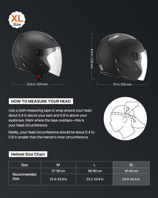 Motorcycle Helmet, 3/4 Open Face, Adult Motocross Dirt Bike Helmet with Clear Visor, Comfortable Motorbike Racing Street with Detachable Liner for Men & Women, DOT Approved, (Matte Black, XL)