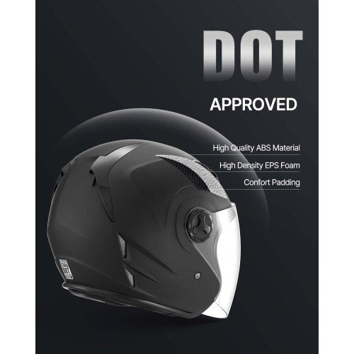 Motorcycle Helmet, 3/4 Open Face, Adult Motocross Dirt Bike Helmet with Clear Visor, Comfortable Motorbike Racing Street with Detachable Liner for Men & Women, DOT Approved, (Matte Black, XL)
