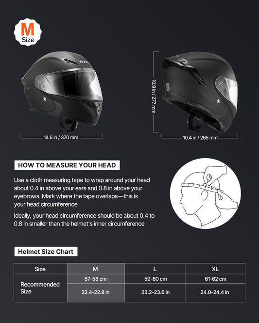 Motorcycle Helmet, Modular, Adult Motocross Dirt Bike Helmet with Large Clear Visor, Comfortable Motorbike Racing Street with Detachable Liner for Men & Women, DOT Approved, (Matte Black, M)