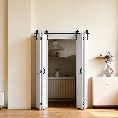 Bifold Barn Door, 72" x 84", MDF Bi-Fold Sliding Closet Doors, Hardware Kit Included, H-Frame Space-Saving Design, Pre-Assembled Panels for Bedroom, Living Room, Wardrobe and Room Divider, White