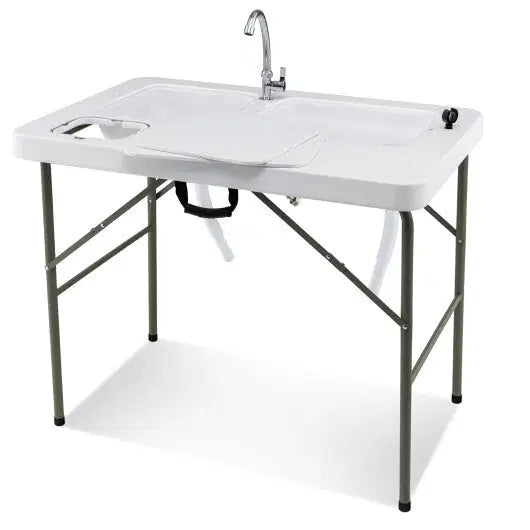 Fish Cleaning Table with 2 Sinks and 360 Rotatable Fauce-White
