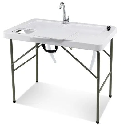 Fish Cleaning Table with 2 Sinks and 360 Rotatable Fauce-White