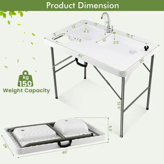 Fish Cleaning Table with 2 Sinks and 360 Rotatable Fauce-White