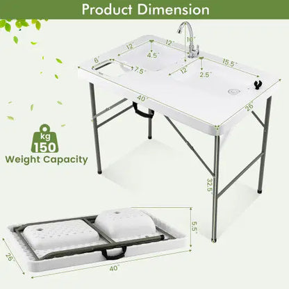 Fish Cleaning Table with 2 Sinks and 360 Rotatable Fauce-White
