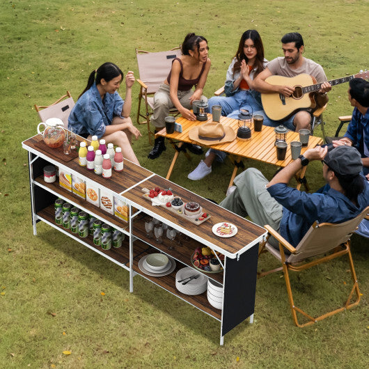 Aluminum Portable Picnic Table with 2-Tier Open Shelves and Spacious Tabletop-Coffee - Color: Coffee