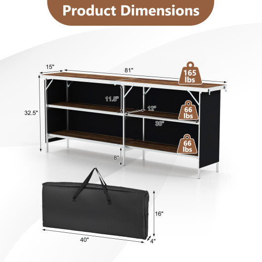 Aluminum Portable Picnic Table with 2-Tier Open Shelves and Spacious Tabletop-Coffee - Color: Coffee