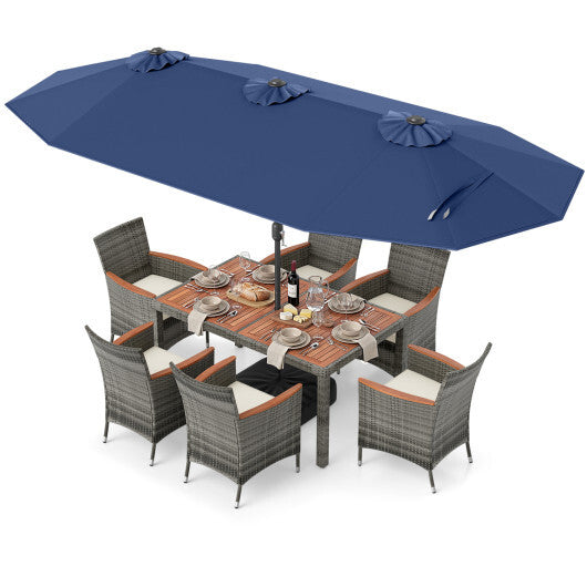 8-Piece Patio Dining Set with Double-Sided Market Umbrella-Navy - Color: Navy