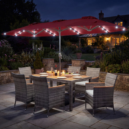 8 Pieces Outdoor Wicker Dining Furniture and 13.5 FT Double-Sided Patio Umbrella-Red - Color: Red
