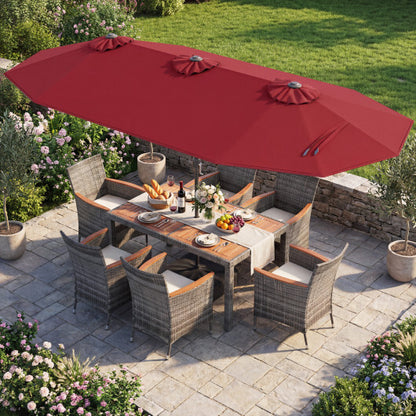 8 Pieces Outdoor Wicker Dining Furniture and 13.5 FT Double-Sided Patio Umbrella-Red - Color: Red