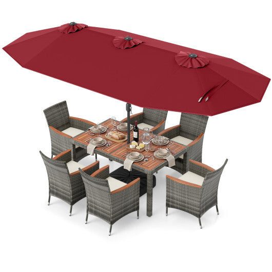 8 Pieces Outdoor Wicker Dining Furniture and 13.5 FT Double-Sided Patio Umbrella-Red - Color: Red