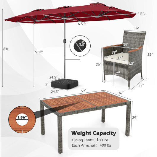 8 Pieces Outdoor Wicker Dining Furniture and 13.5 FT Double-Sided Patio Umbrella-Red - Color: Red