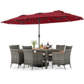 8 Pieces Outdoor Wicker Dining Furniture and 13.5 FT Double-Sided Patio Umbrella-Red - Color: Red