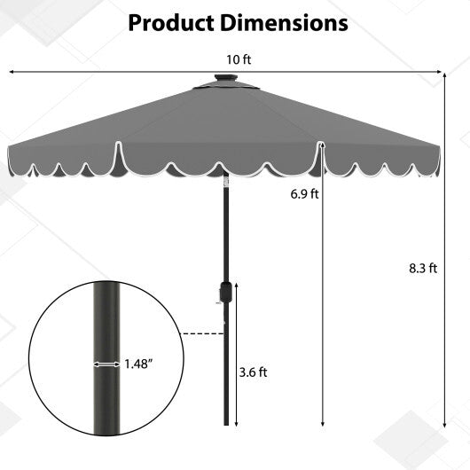 10 Feet Solar Patio Umbrella with 24 LED Lights-Gray - Color: Gray