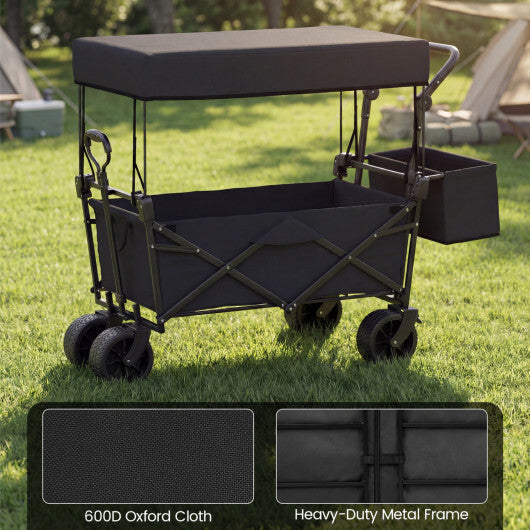Collapsible Wagon with Removable Canopy and Detachable Storage Bag-Black - Color: Black