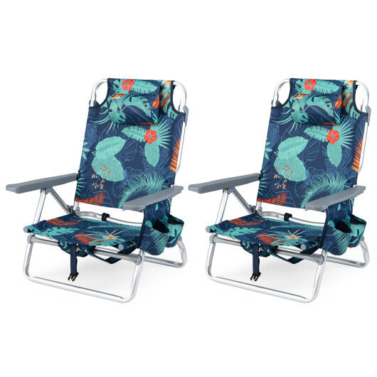 Beach Chairs Set of 2 Portable Folding Backpack Recliners with 5-Position Backrest and Padded Headrest-Green - Color: Green