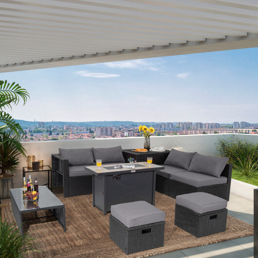 9 Pieces Outdoor PE Rattan Wicker Sectional Sofa with 42 Inch 60 000 BTU Gas Fire Pit Table-Gray - Color: Gray