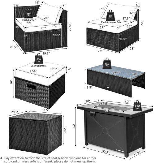9 Pieces Outdoor PE Rattan Wicker Sectional Sofa with 42 Inch 60 000 BTU Gas Fire Pit Table-Gray - Color: Gray