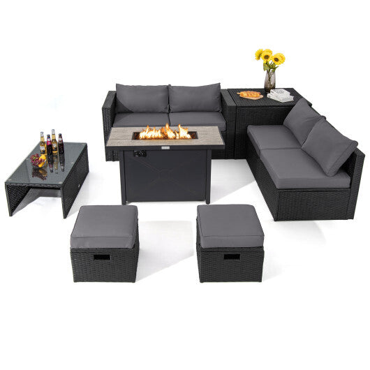 9 Pieces Outdoor PE Rattan Wicker Sectional Sofa with 42 Inch 60 000 BTU Gas Fire Pit Table-Gray - Color: Gray