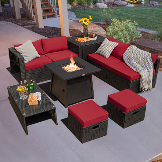 9 Piece Weatherproof Rattan Patio Conversation Set with 30 Inches Propane Fire Pit Table and Dust Covers-Red - Color: Red