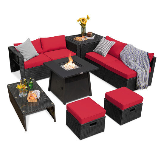 9 Piece Weatherproof Rattan Patio Conversation Set with 30 Inches Propane Fire Pit Table and Dust Covers-Red - Color: Red