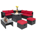 9 Piece Weatherproof Rattan Patio Conversation Set with 30 Inches Propane Fire Pit Table and Dust Covers-Red - Color: Red