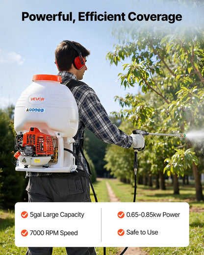 Gas Powered Backpack Sprayer, 26.5CC 0.9HP Engine, Garden Sprayer with 5 Gallon Tank, Large Area Coverage, Lawn Spraying Machine with 24 in Wand & Nozzles for Efficient Gardening & Farming