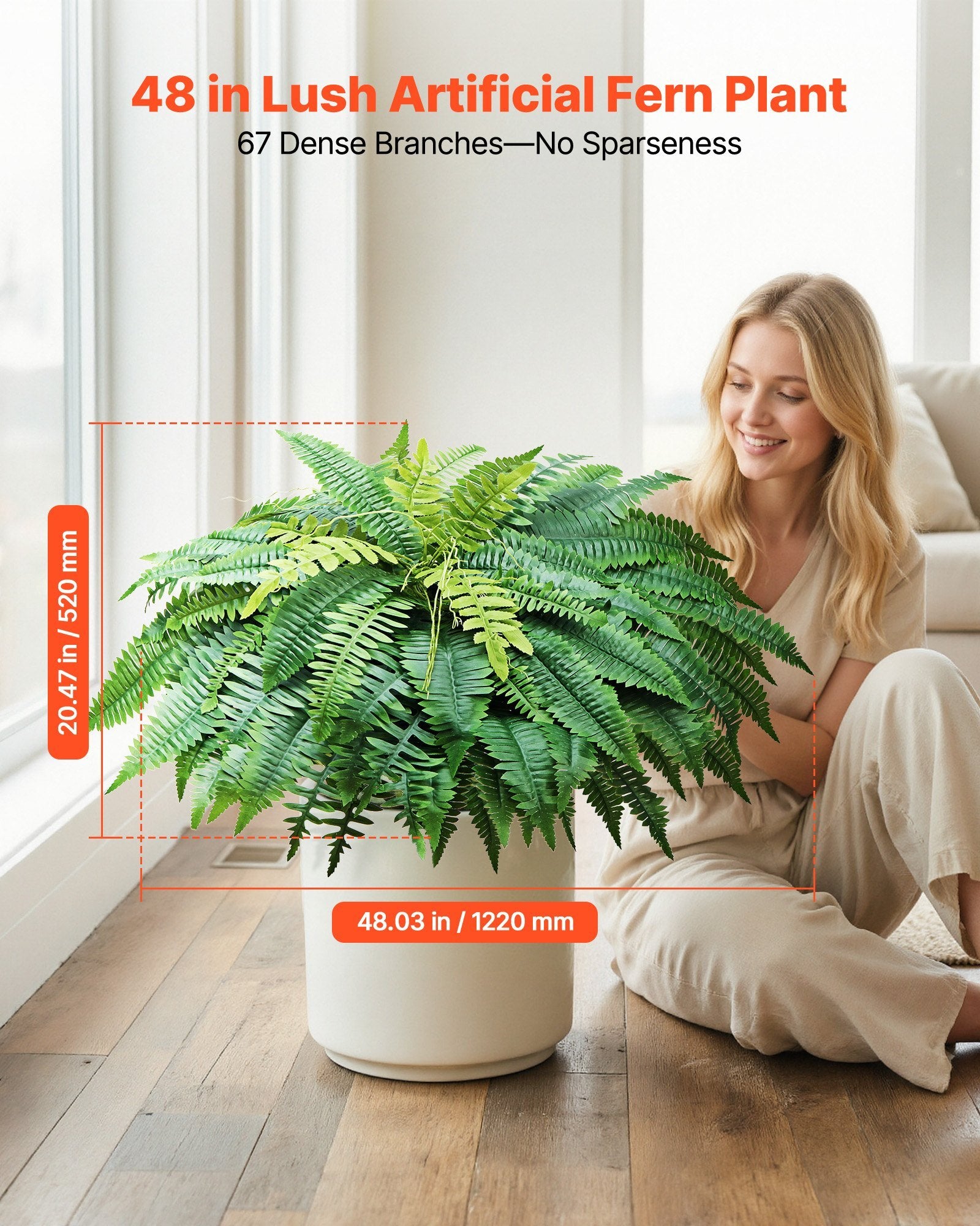 Artificial Ferns, 48 Inch Fake Boston Fern Bush Plant with 67 Fronds, Faux Greenery for Indoor/Outdoor Decor, Silk & LDPE, Suitable for Home Porch Garden Office Living Room Planter, Set of 2