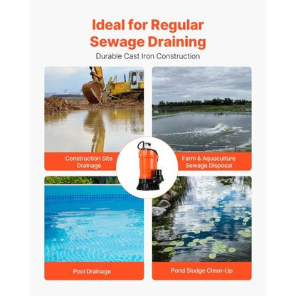 1/2 HP Submersible Trash Pump, 2000 GPH, 120V Cast Iron Submersible Sump Sewage Pump with 2 in Discharge, 39 ft Max Lift, Drain Dirty Clean Water, for Pools, Garden, Pond, Basement, Flooded Area
