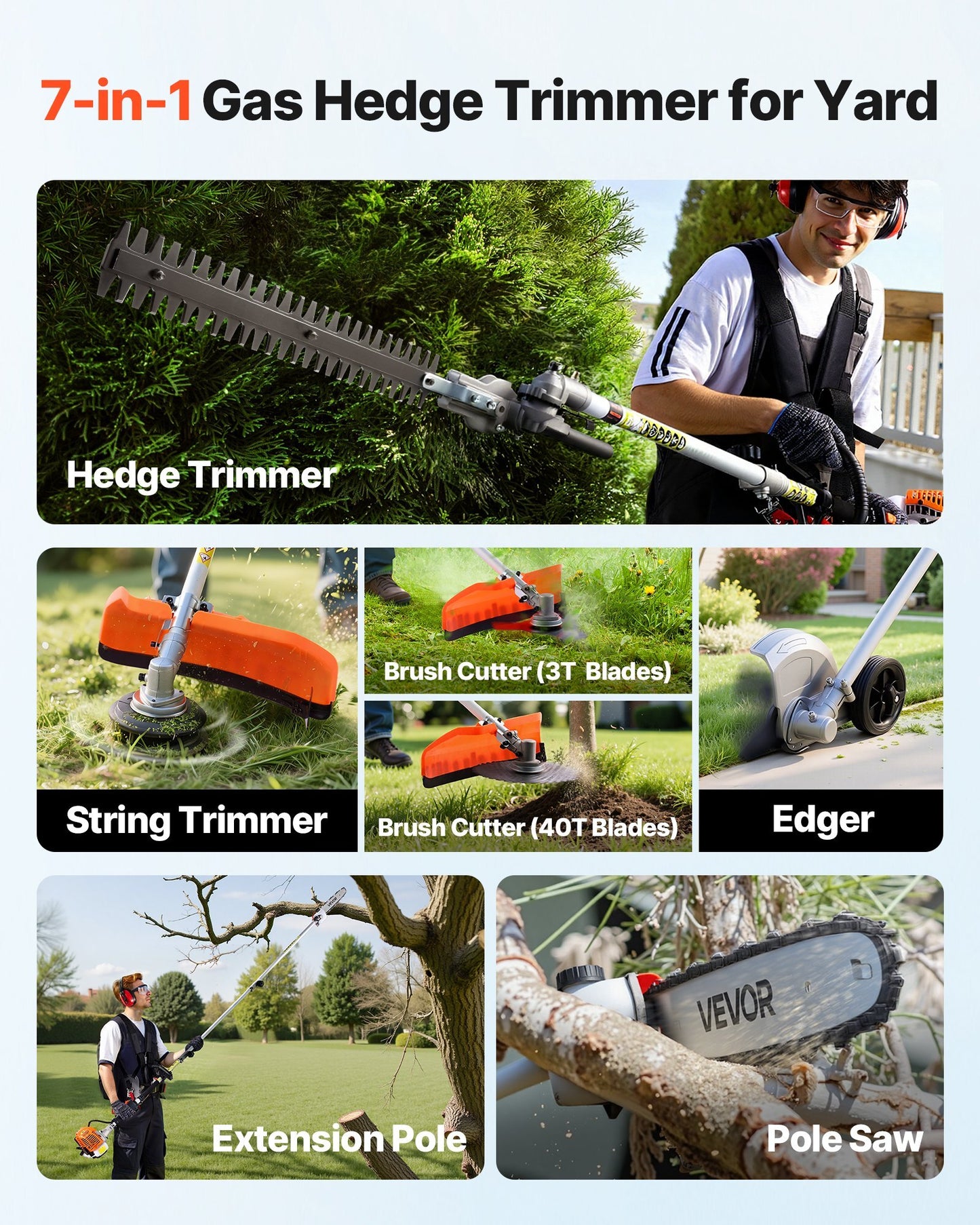Gas Hedge Trimmer, 2 Cycle Gas Power Handheld Trimmer, 6-in-1 26cc Weed Eater with Extension Pole & Protective Gear Set, Includes Hedge & String Trimmer, Brush Cutter(3T & 40T), Edger, Pole Saw