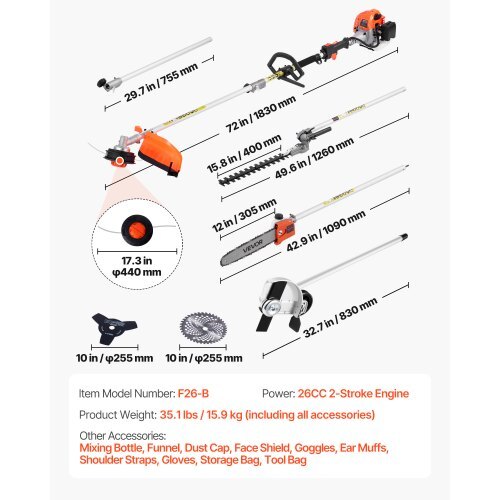Gas Hedge Trimmer, 2 Cycle Gas Power Handheld Trimmer, 6-in-1 26cc Weed Eater with Extension Pole & Protective Gear Set, Includes Hedge & String Trimmer, Brush Cutter(3T & 40T), Edger, Pole Saw