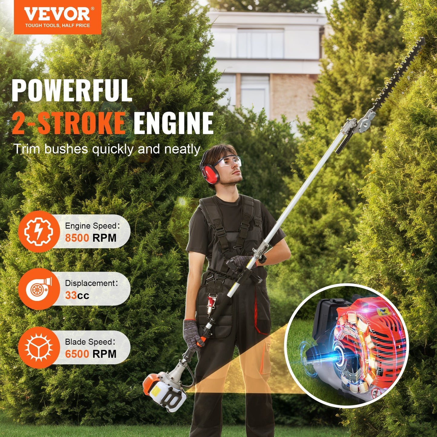 33CC 6-in-1 Multi-Functional Trimming Tools, Gas Hedge Trimmer, Weed Eater, String Trimmer, Brush Cutter, Edger, Pole Saw Chainsaw Pruner with Extension Pole
