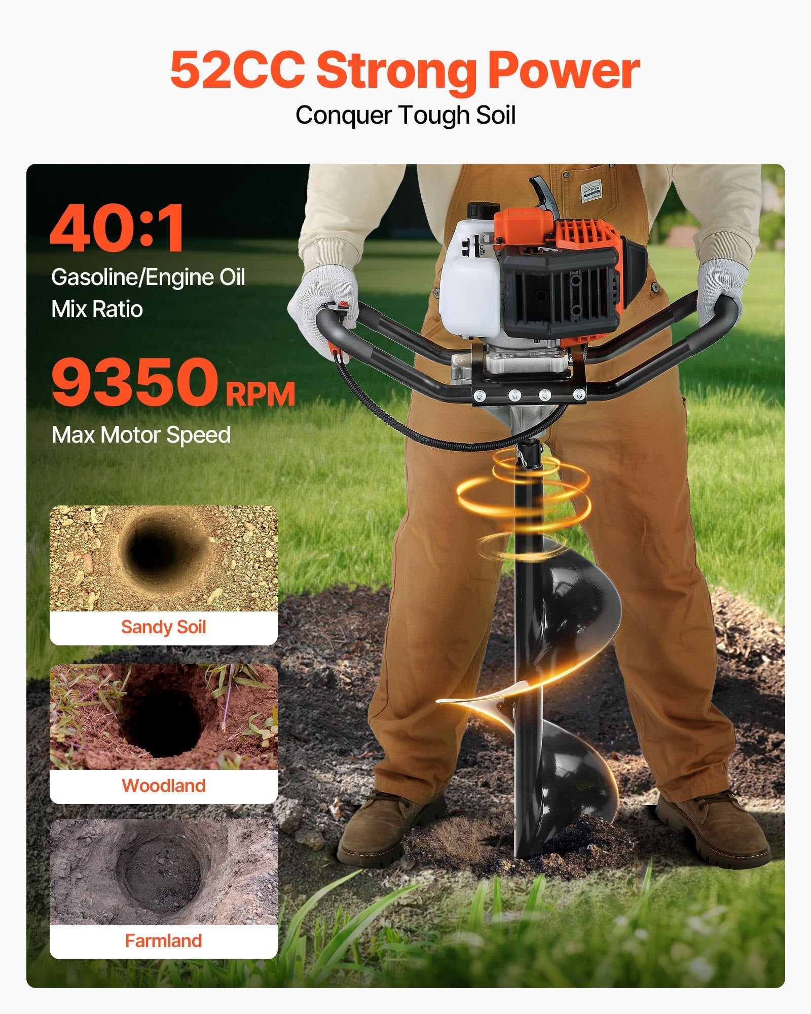 Gas Powered Post Hole Digger, 52cc Post Hole Auger with 6" & 10" Bits, 3 Extension Rods, 1450W Heavy-Duty Earth Auger for Fence Posts, Deck / Pergola Posts, Plant / Tree Planting, EPA Listed