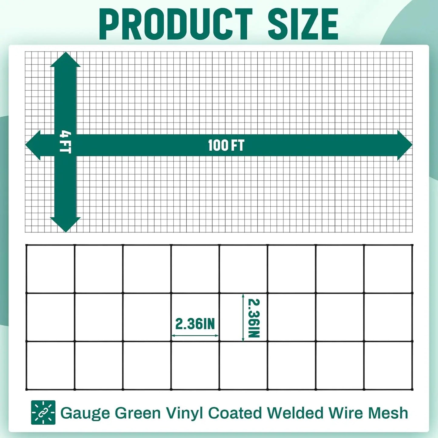16 Gauge Galvanized Welded Wire Fence 4 ft x 100 ft PVC Coated Hardware Cloth, 2.36" x 2.36" Mesh, Heavy Duty Garden Fencing Rol