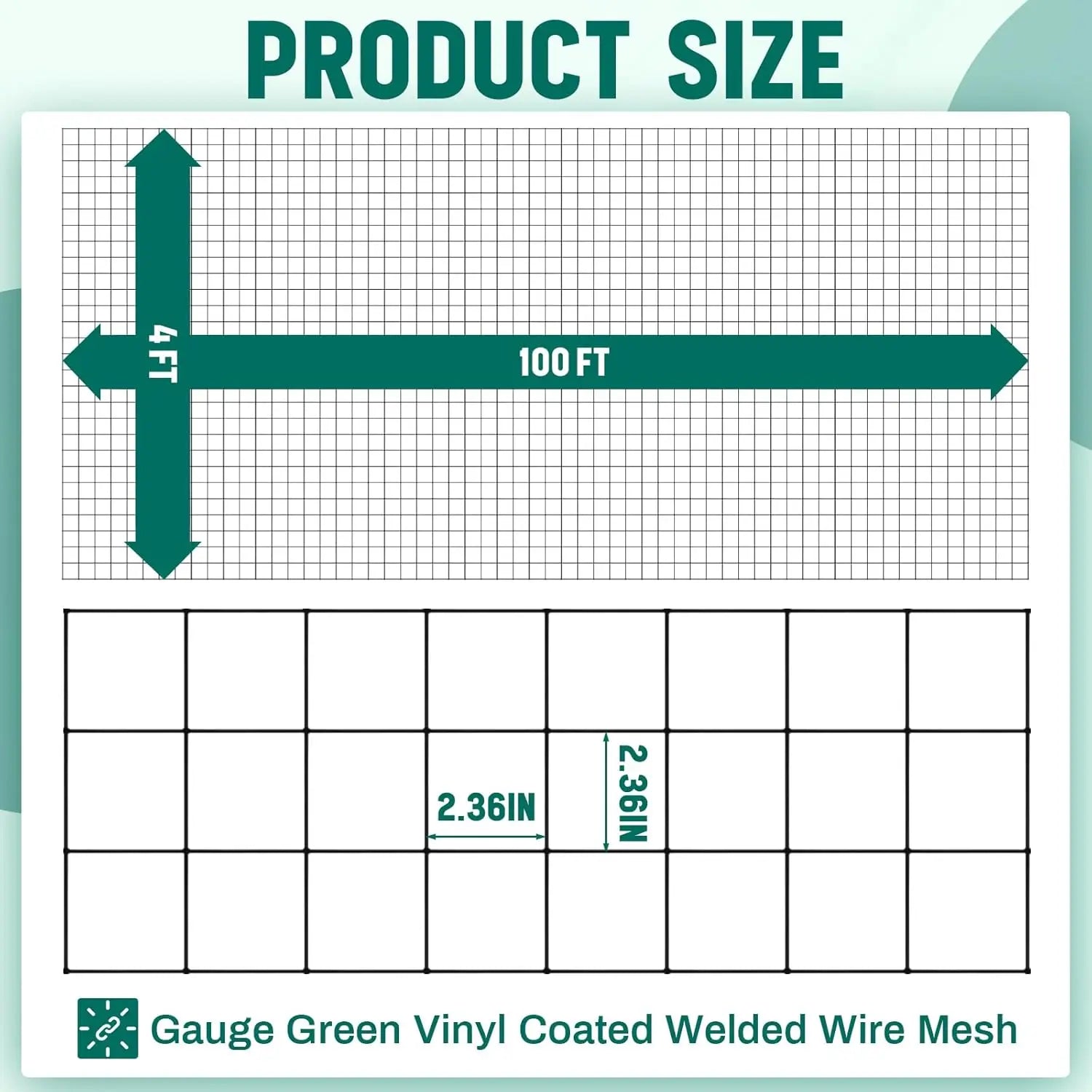 Product size diagram of heavy duty galvanized welded wire fence, showing dimensions of 4 ft height and 100 ft length with 2.36 in mesh.