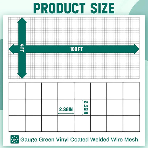 16 Gauge Galvanized Welded Wire Fence 4 ft x 100 ft PVC Coated Hardware Cloth, 2.36" x 2.36" Mesh, Heavy Duty Garden Fencing Rol