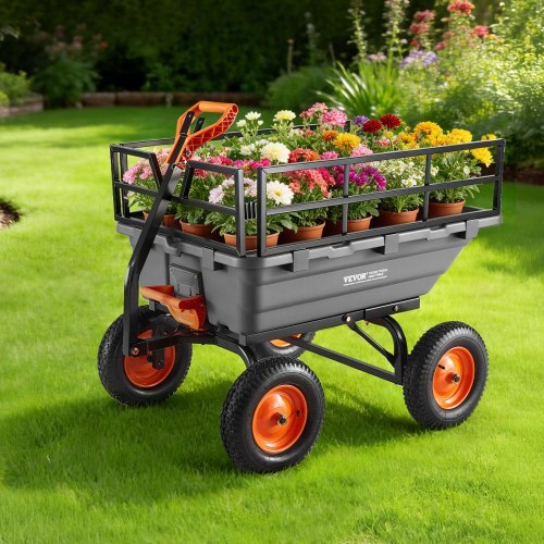 Garden Dump Cart, 1500lbs Poly Dump Cart, 15 Cu. Ft. Garden Carts Dumps Wagon with 2-in-1 Convertible Handle, 90? Quick-Dumps Mechanism, Adjustable Handle, Yard Wagon for Plants, Soil, Crops