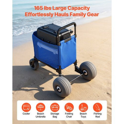 Beach Cart with Large Wheels for Sand, 165 lbs Load Capacity, Heavy Duty Folding Beach Wagon with 12" Balloon Wheels, Storage Bag, 33" to 45" Adjustable Height, Dolly for Camping Fishing Garden